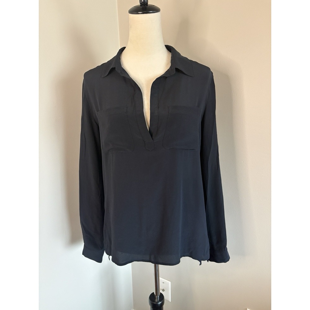 Lavender Brown 100% Silk Black Blouse Deep V-Neck USA Made Minimalist Sz Small